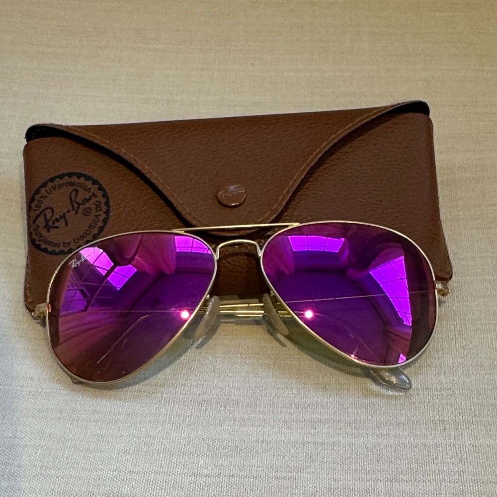 Ray-Ban Sunglasses with Pink Lenses and Brown Case